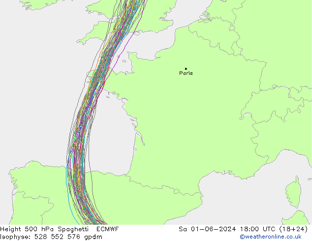 Height 500 гПа Spaghetti ECMWF сб 01.06.2024 18 UTC