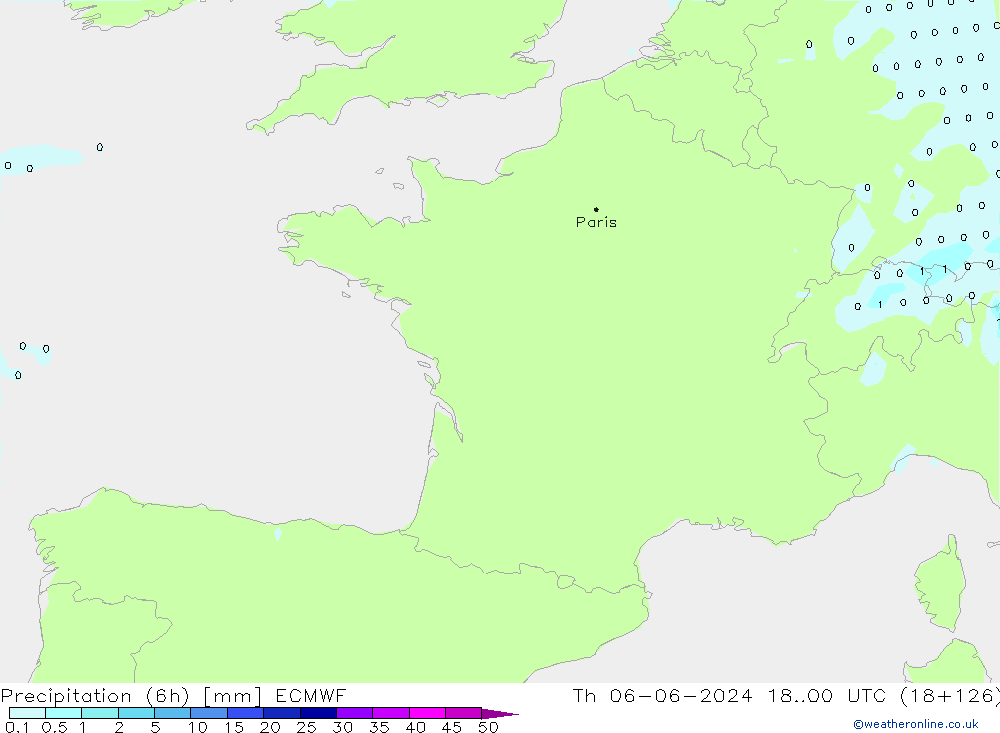 Precipitation (6h) ECMWF Čt 06.06.2024 00 UTC