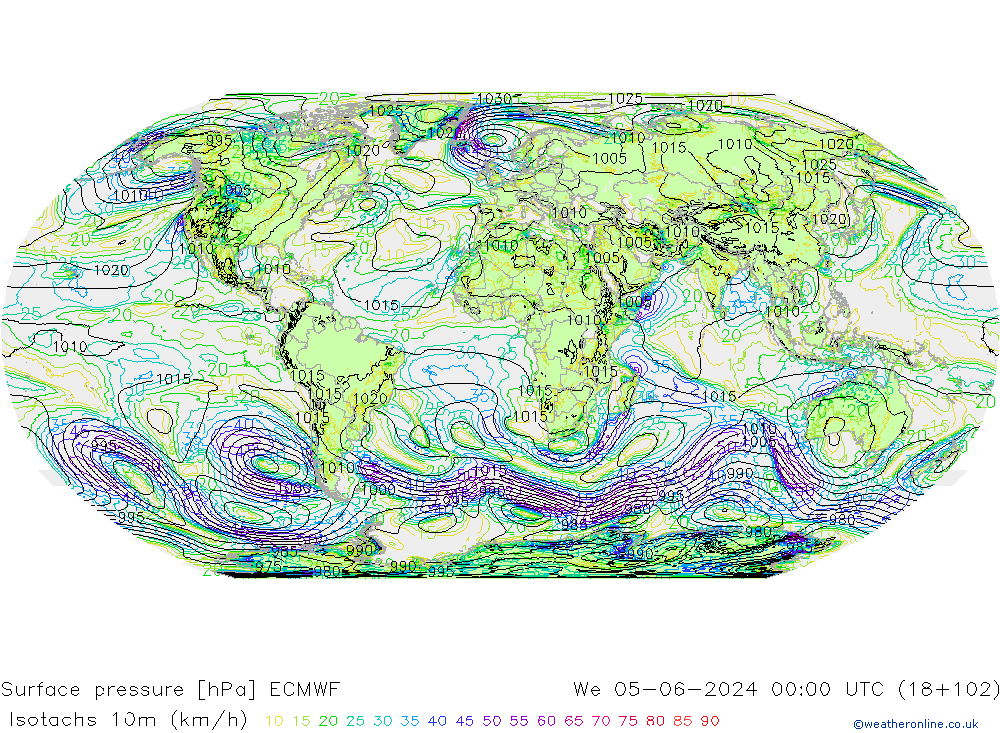 Isotachs (kph) ECMWF mer 05.06.2024 00 UTC