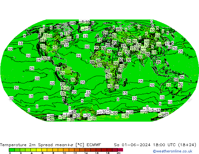 Temperatura 2m Spread ECMWF sáb 01.06.2024 18 UTC