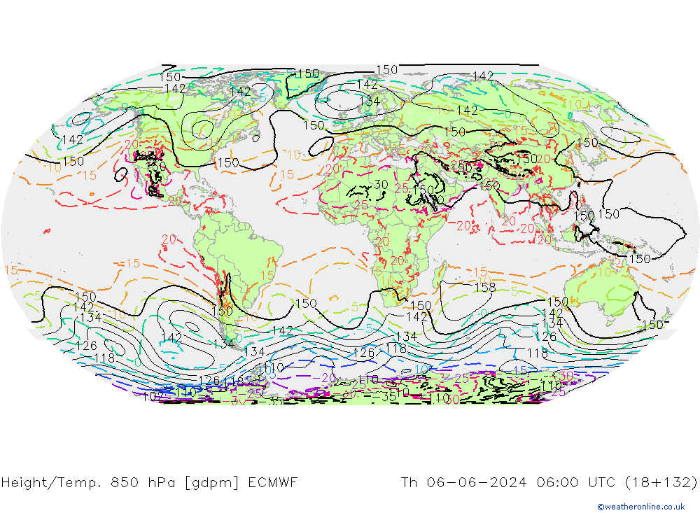 Geop./Temp. 850 hPa ECMWF jue 06.06.2024 06 UTC