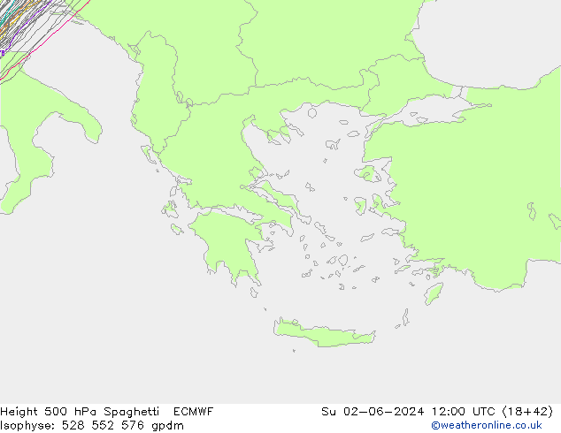 Height 500 hPa Spaghetti ECMWF So 02.06.2024 12 UTC