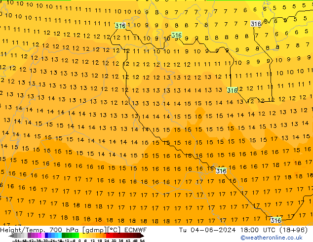 Height/Temp. 700 hPa ECMWF wto. 04.06.2024 18 UTC