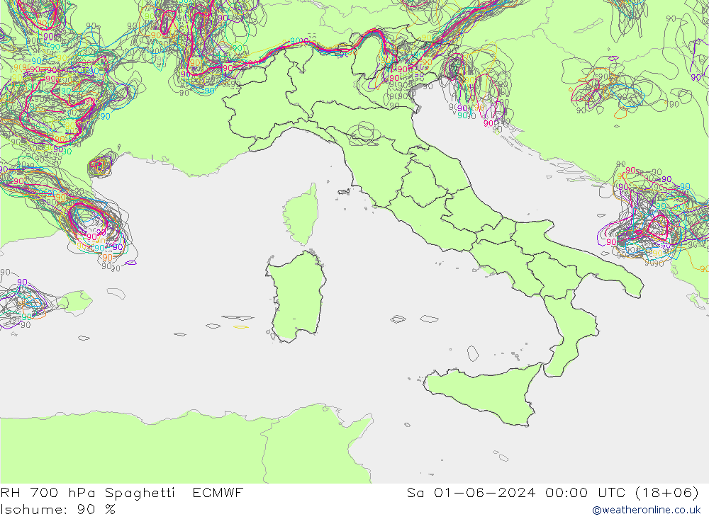 RH 700 hPa Spaghetti ECMWF Sáb 01.06.2024 00 UTC
