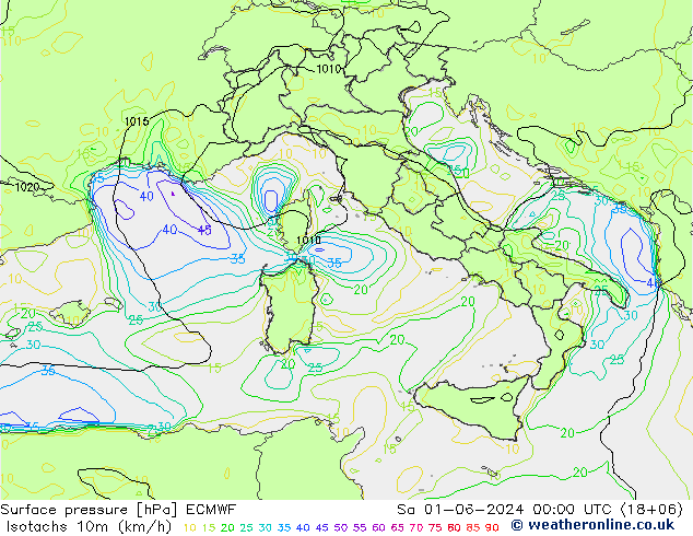 Isotaca (kph) ECMWF sáb 01.06.2024 00 UTC