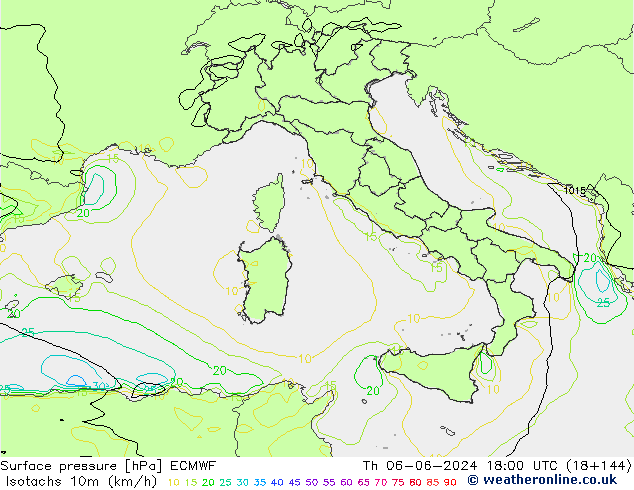 Isotachs (kph) ECMWF gio 06.06.2024 18 UTC