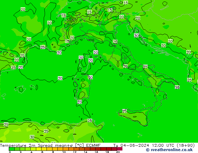 Temperature 2m Spread ECMWF Út 04.06.2024 12 UTC