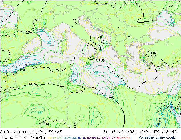 Isotachen (km/h) ECMWF zo 02.06.2024 12 UTC