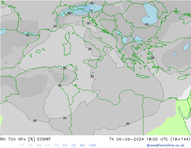 RH 700 hPa ECMWF Th 06.06.2024 18 UTC