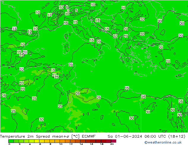 mapa temperatury 2m Spread ECMWF so. 01.06.2024 06 UTC
