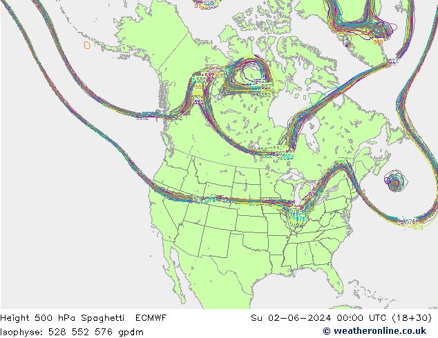 Height 500 hPa Spaghetti ECMWF Dom 02.06.2024 00 UTC