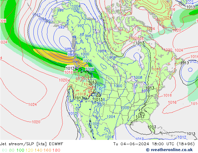 Jet stream/SLP ECMWF Út 04.06.2024 18 UTC