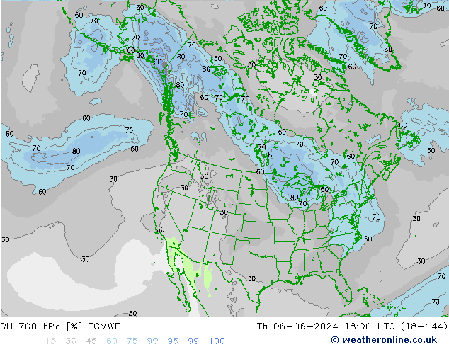 RH 700 hPa ECMWF czw. 06.06.2024 18 UTC