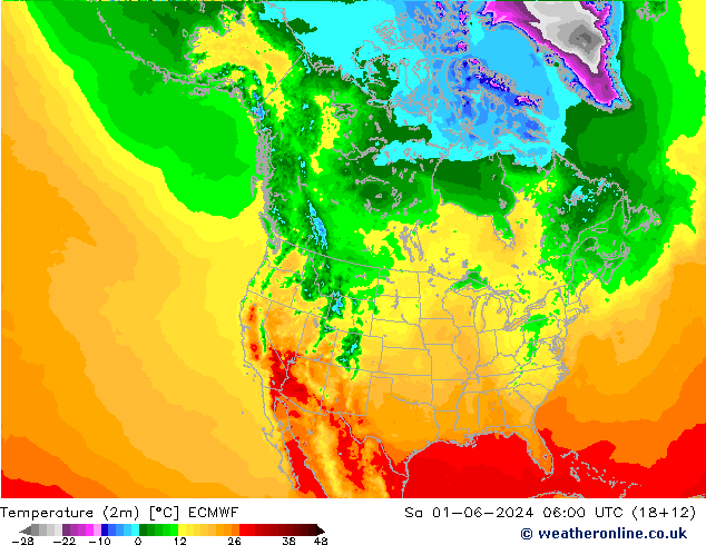 mapa temperatury (2m) ECMWF so. 01.06.2024 06 UTC