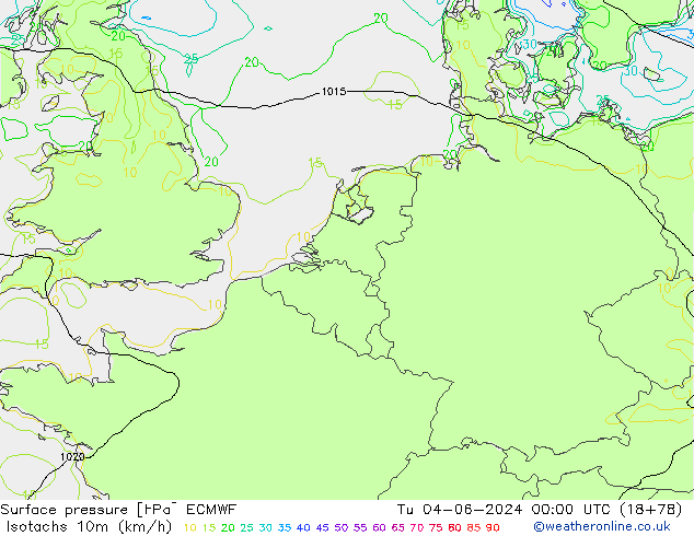 Isotachs (kph) ECMWF Tu 04.06.2024 00 UTC
