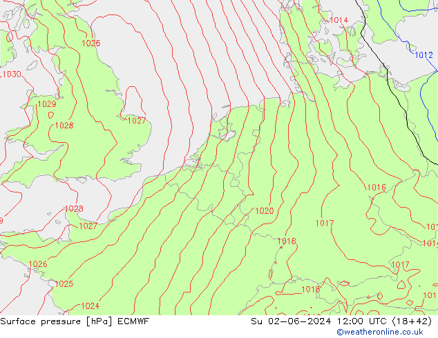 Atmosférický tlak ECMWF Ne 02.06.2024 12 UTC