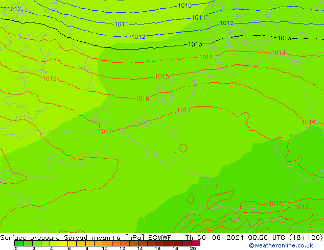 Surface pressure Spread ECMWF Th 06.06.2024 00 UTC