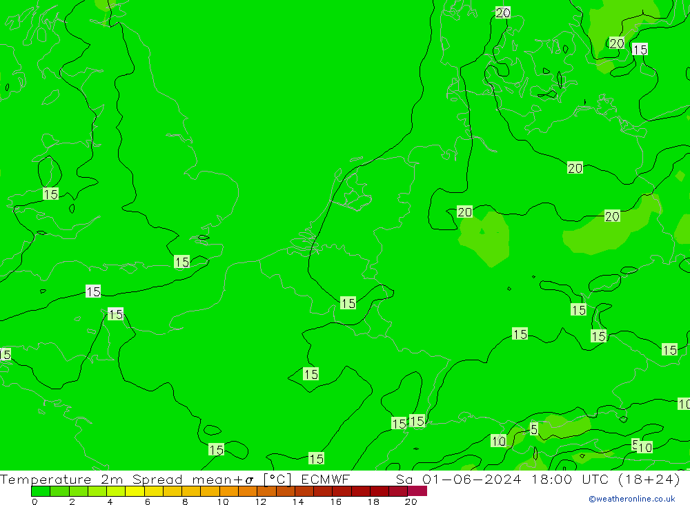 Temperatura 2m Spread ECMWF sab 01.06.2024 18 UTC