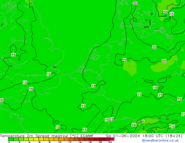 Temperaturkarte Spread ECMWF Sa 01.06.2024 18 UTC