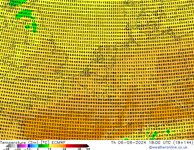 mapa temperatury (2m) ECMWF czw. 06.06.2024 18 UTC