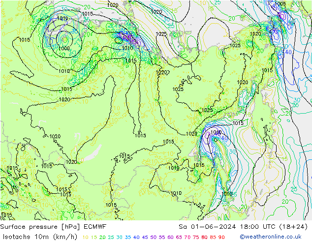 Isotachs (kph) ECMWF sam 01.06.2024 18 UTC