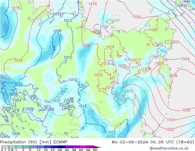Precipitation (6h) ECMWF Po 03.06.2024 06 UTC