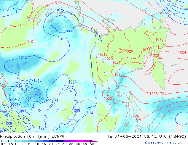 Totale neerslag (6h) ECMWF di 04.06.2024 12 UTC