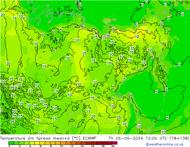 Temperature 2m Spread ECMWF Čt 06.06.2024 12 UTC