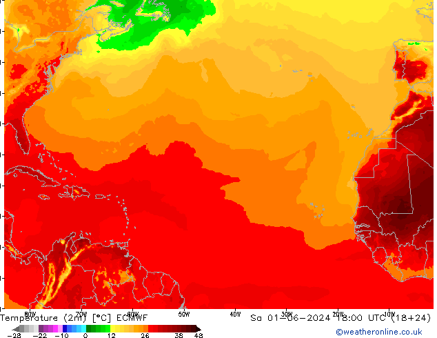 Temperature (2m) ECMWF Sa 01.06.2024 18 UTC