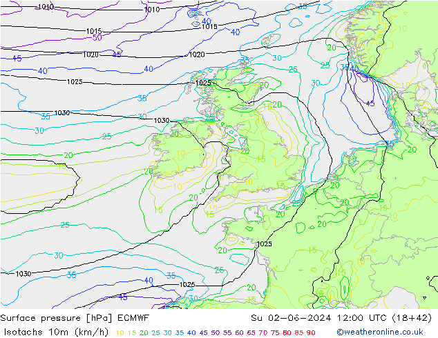 Isotachs (kph) ECMWF  02.06.2024 12 UTC