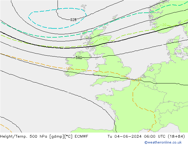 Height/Temp. 500 hPa ECMWF Út 04.06.2024 06 UTC