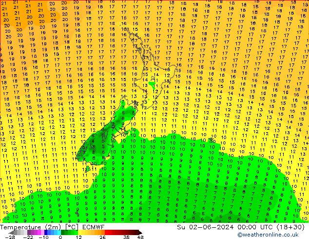 Temperatura (2m) ECMWF dom 02.06.2024 00 UTC