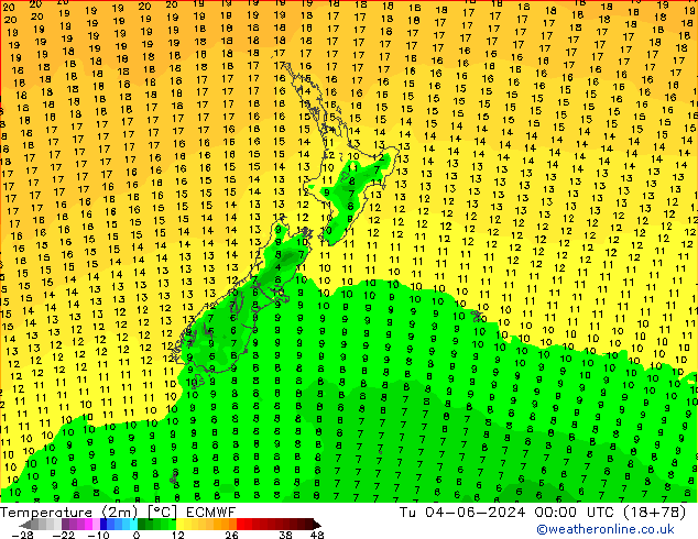 карта температуры ECMWF вт 04.06.2024 00 UTC