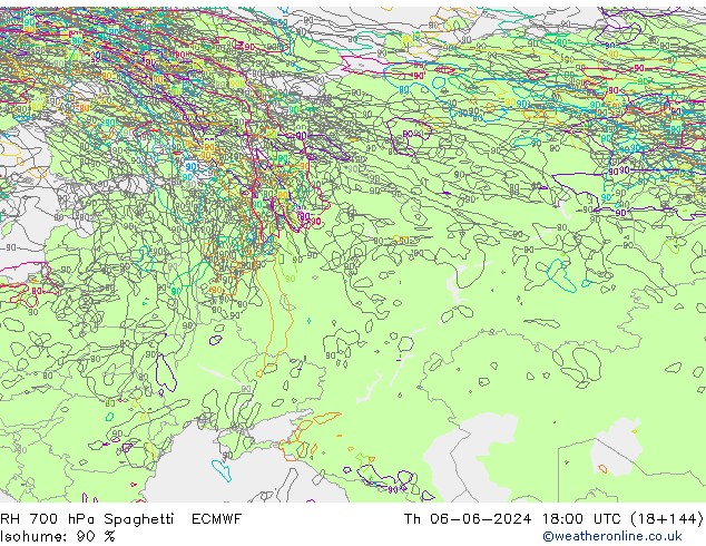 RH 700 hPa Spaghetti ECMWF Čt 06.06.2024 18 UTC