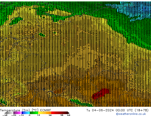 mapa temperatury (2m) ECMWF wto. 04.06.2024 00 UTC