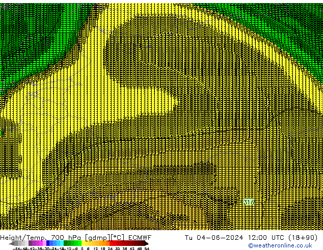 Height/Temp. 700 hPa ECMWF Tu 04.06.2024 12 UTC