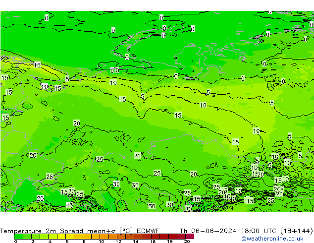Temperature 2m Spread ECMWF Th 06.06.2024 18 UTC