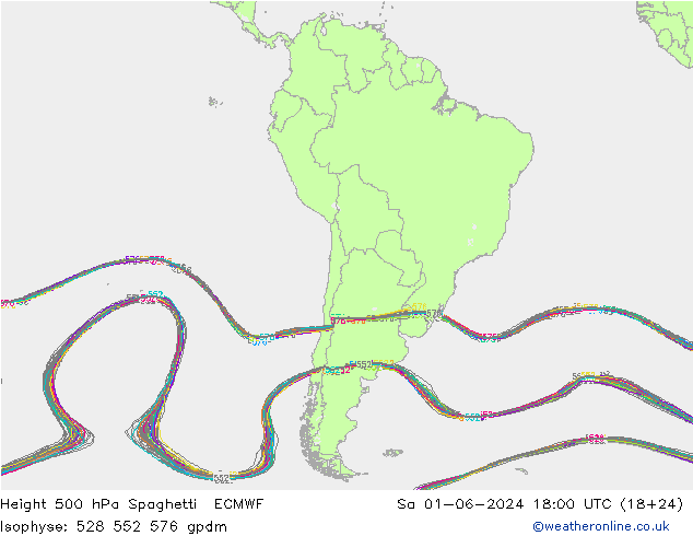 Height 500 hPa Spaghetti ECMWF Sa 01.06.2024 18 UTC