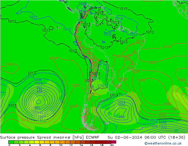 Atmosférický tlak Spread ECMWF Ne 02.06.2024 06 UTC