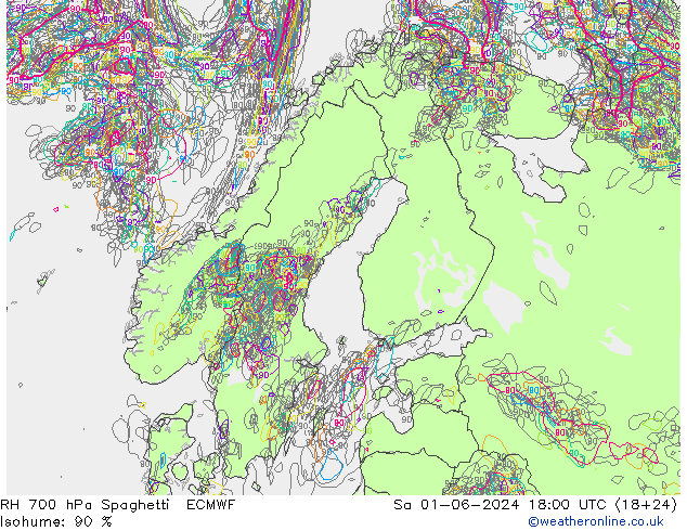 RH 700 hPa Spaghetti ECMWF so. 01.06.2024 18 UTC