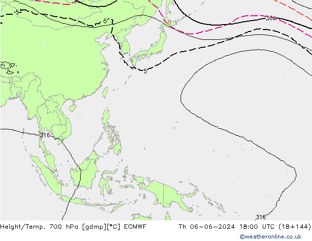 Height/Temp. 700 hPa ECMWF Do 06.06.2024 18 UTC