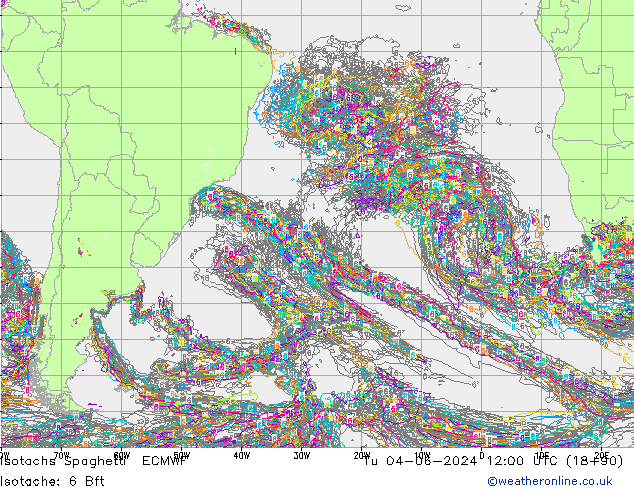 Isotachs Spaghetti ECMWF Út 04.06.2024 12 UTC