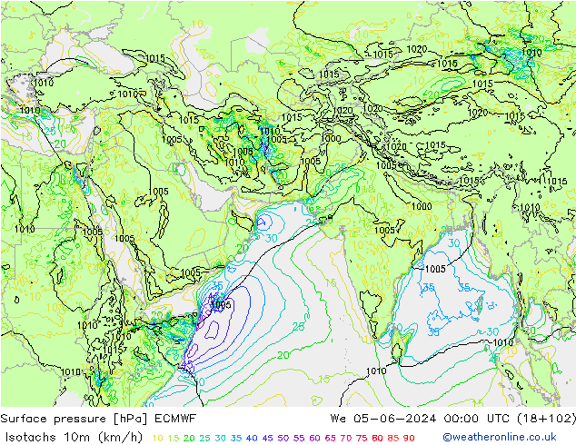 Isotachs (kph) ECMWF St 05.06.2024 00 UTC