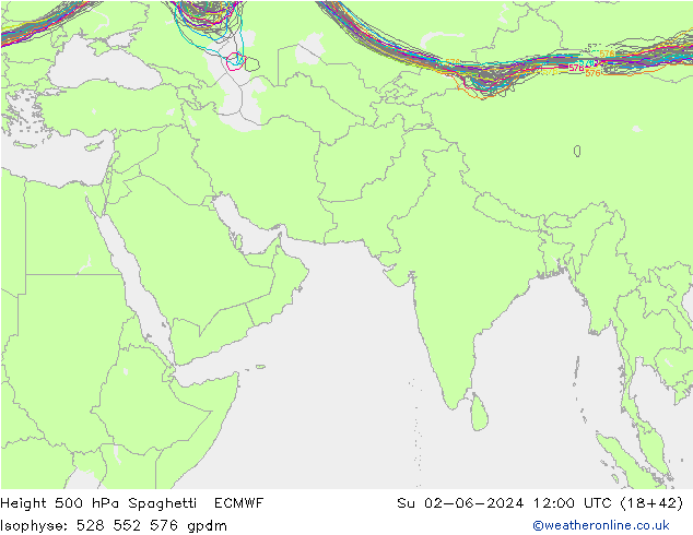 Height 500 hPa Spaghetti ECMWF Su 02.06.2024 12 UTC