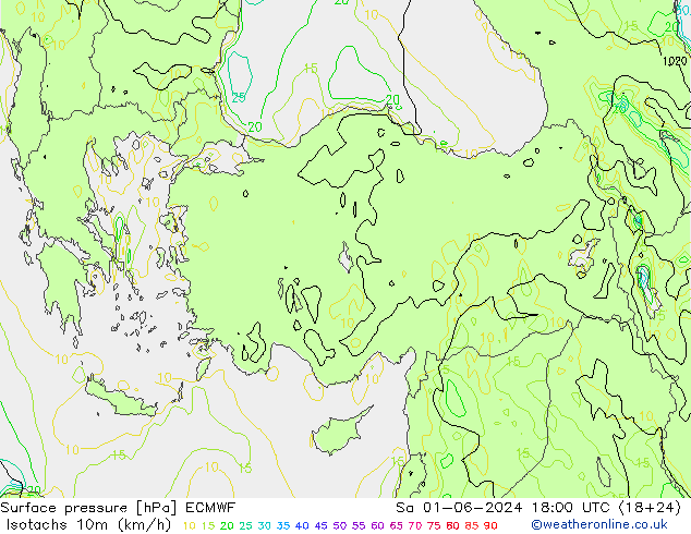 Izotacha (km/godz) ECMWF so. 01.06.2024 18 UTC