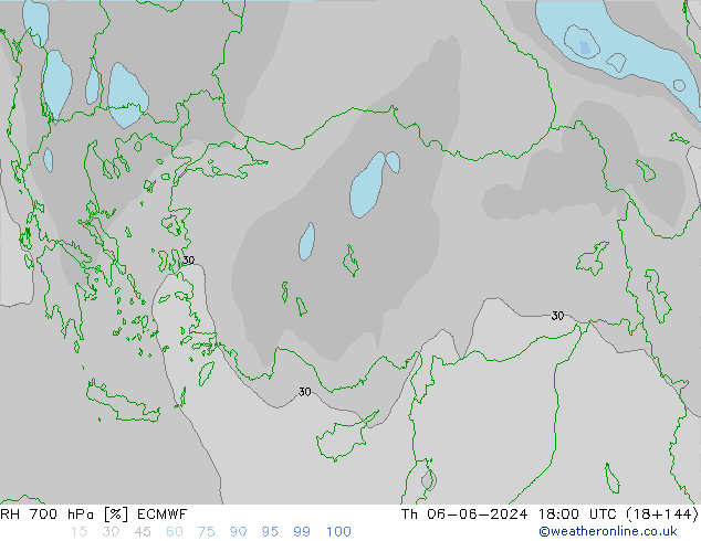 RH 700 hPa ECMWF Čt 06.06.2024 18 UTC