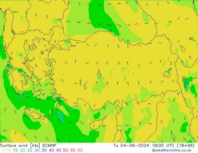 Surface wind ECMWF Út 04.06.2024 18 UTC