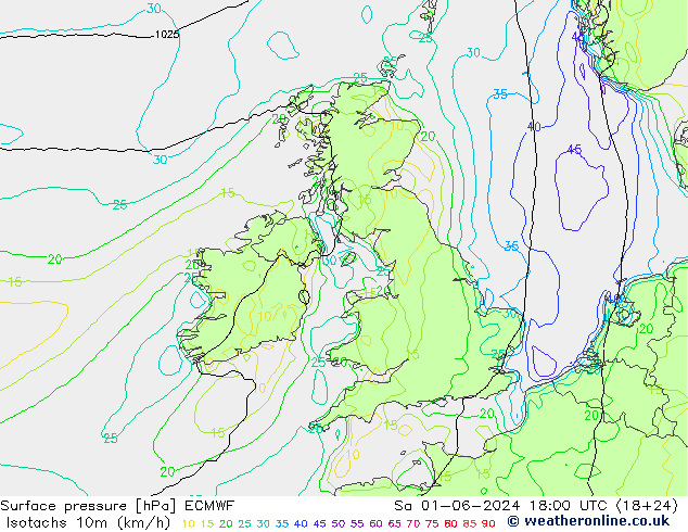 Isotachs (kph) ECMWF Sáb 01.06.2024 18 UTC