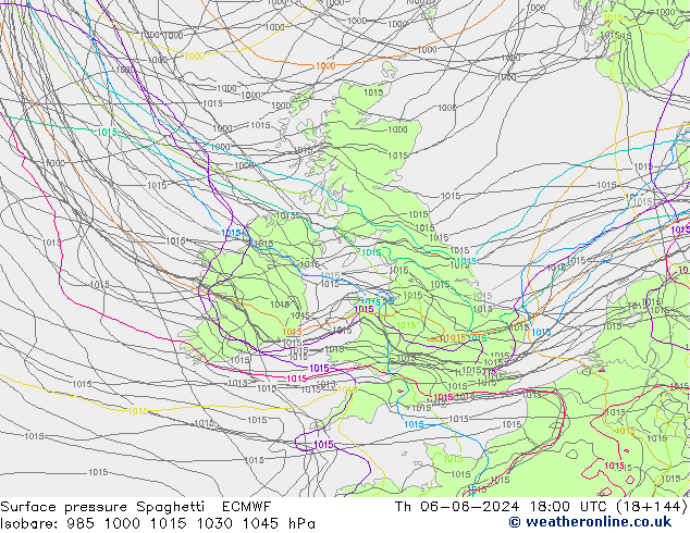 Surface pressure Spaghetti ECMWF Th 06.06.2024 18 UTC