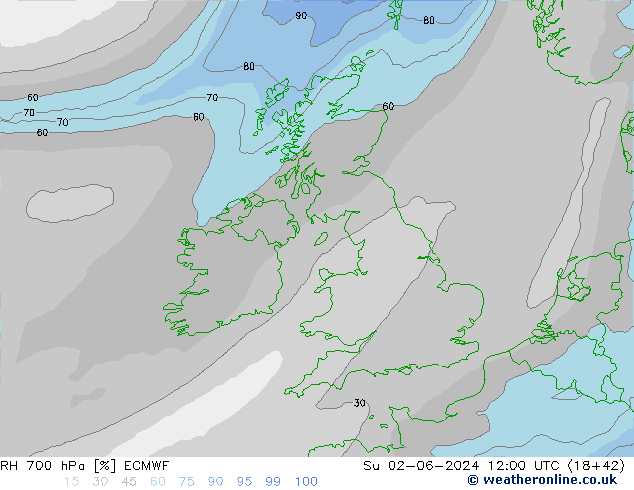 RH 700 hPa ECMWF Dom 02.06.2024 12 UTC